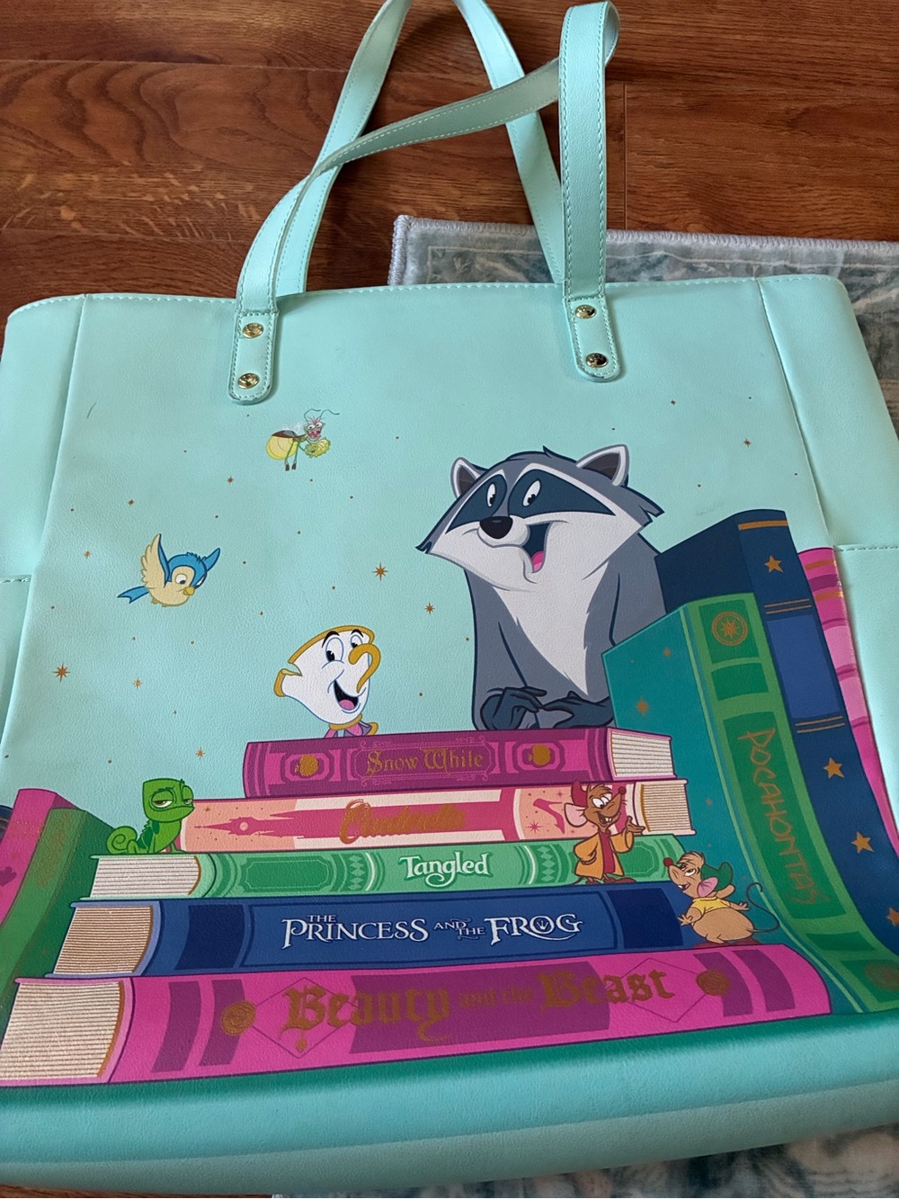 LoungeFly x Disney Mint Green Tote Bag with Storybook Characters (sidekick)